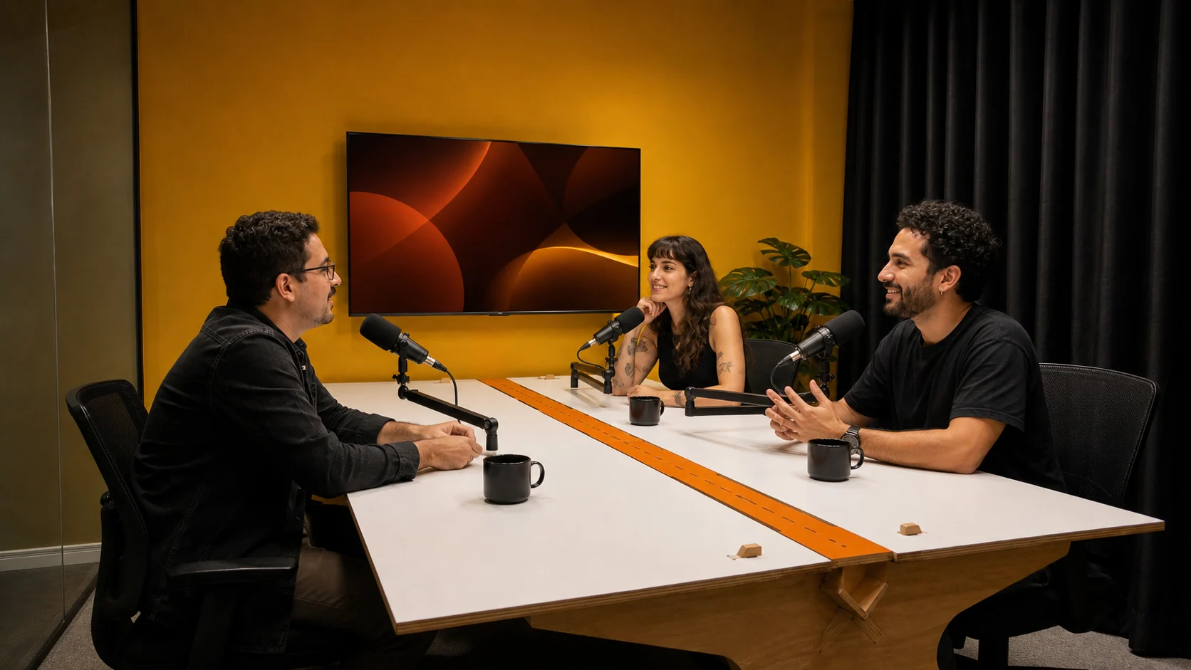 Três convidados gravando uma conversa no MesaCast.